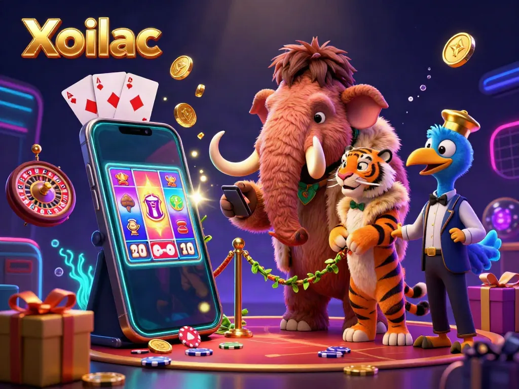 Xoilac showcases a lively casino scene with a cartoon mammoth, saber-tooth tiger, and dodo, bursting with golden coins and vibrant gaming elements.