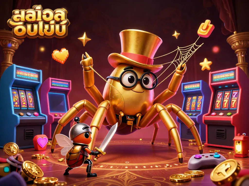 Experience the thrill of สล็อตออนไลน์ at an interactive casino with golden elements and vibrant characters.