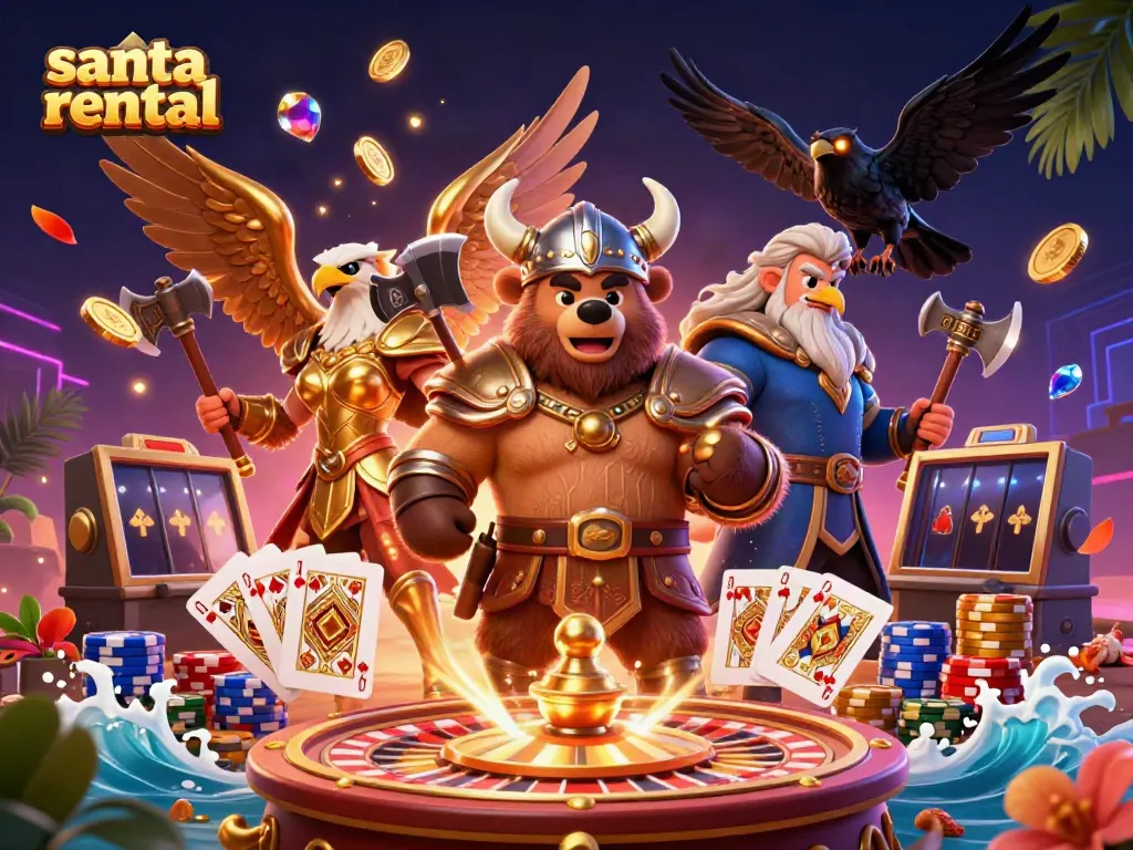 Engaging scene showcasing dynamic characters in a vibrant casino setting during a Santa rental event.