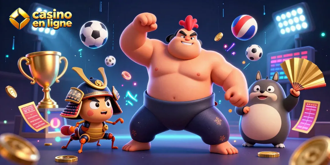 Immergez-vous dans l'univers captivant des jeux de casino en ligne avec une illustration dynamique d'un combat entre un coq sumo et un criquet samouraï.