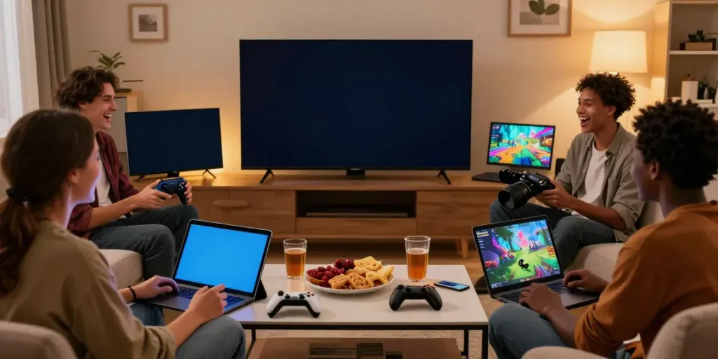 Friends enjoying diverse games on ROKOK88 platform in a cozy setting