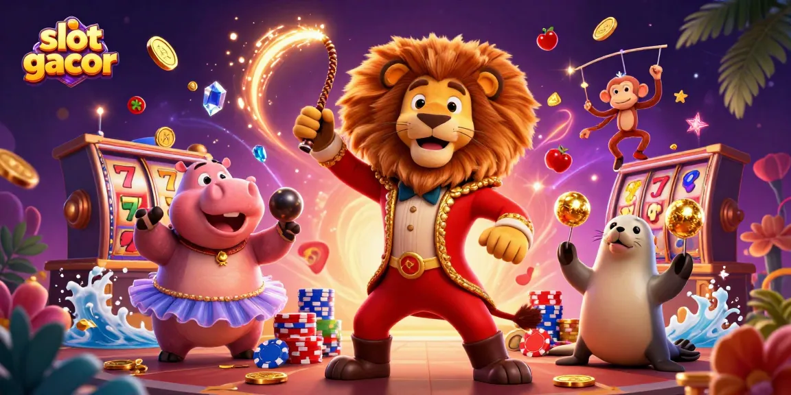 Slot gacor menampilkan karakter kartun kasino yang meriah dengan koin emas berterbangan dan simbol buah.