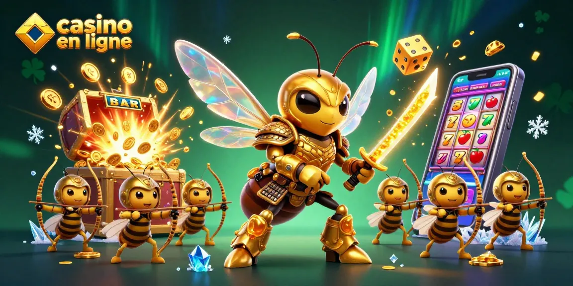 Visualiser le monde du casino en ligne avec une scène dynamique d'un énorme frelon en armure samouraï et des archers abeilles.
