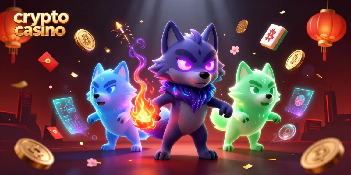 Découvrez la magie du crypto casino avec des loups spectrales entourés de pièces virtuelles et de feux d'artifice.