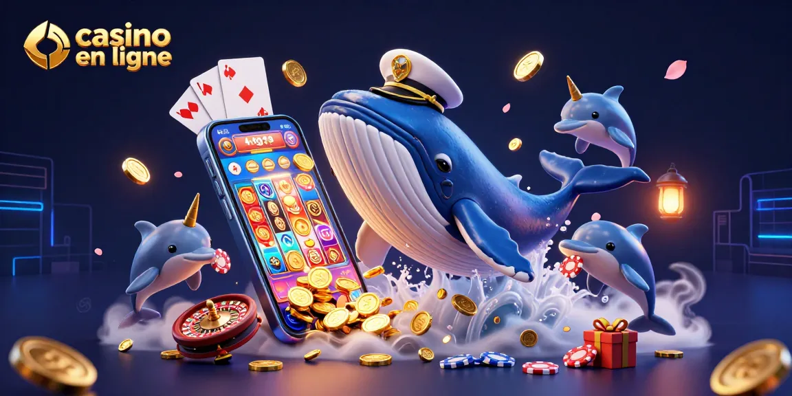 Plongez dans le monde du casino en ligne avec cette illustration d'un couple de créatures marines et des éléments de jeux captivants.