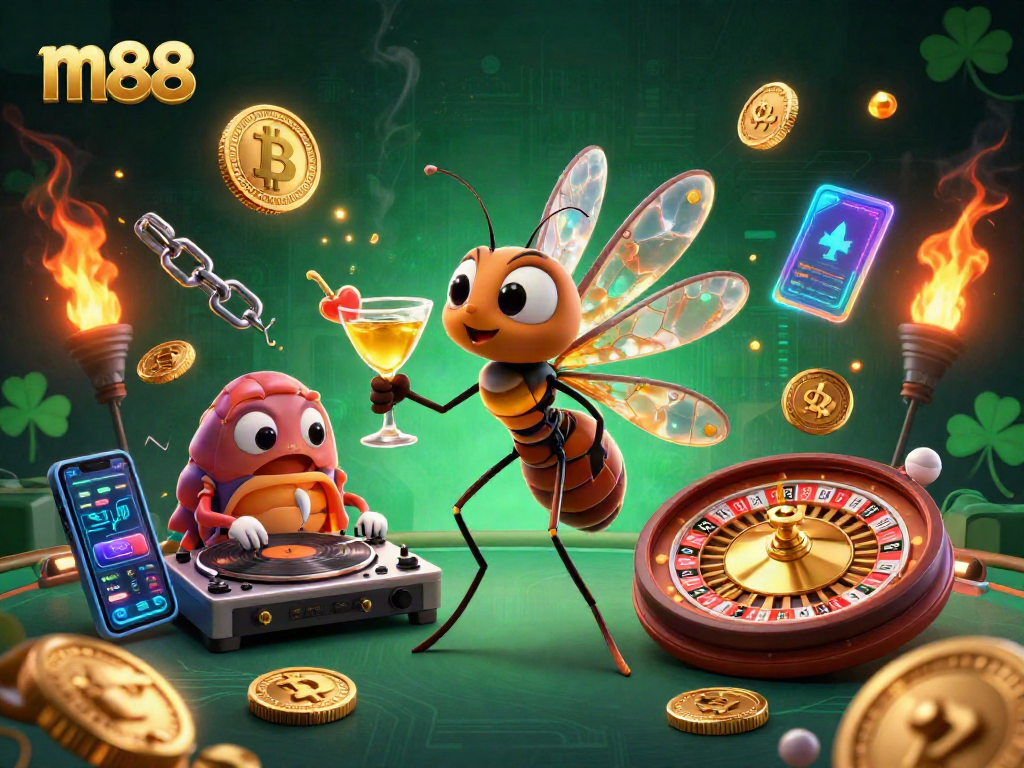 Explore m88's vibrant casino scene with unique 3D characters and dynamic crypto elements.