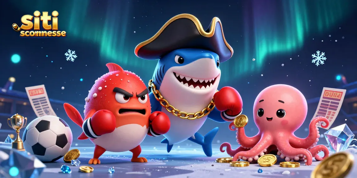 Giocando sui siti scommesse, un simpatico squalo pirata, un pesce puffer e un polpo con monete d'oro.
