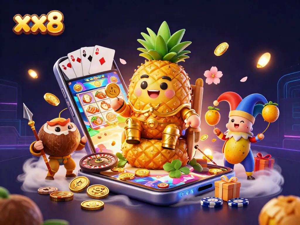 Join the pineapple king and his whimsical entourage at xx8's vibrant casino adventure.