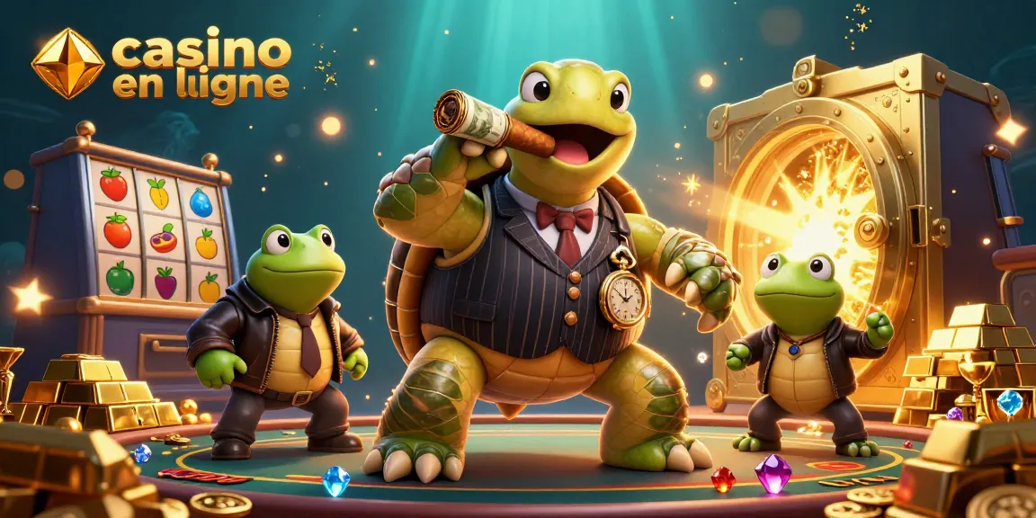 Jouez à des jeux de casino en ligne avec une illustration colorée incluant une tortue et des grenouilles.