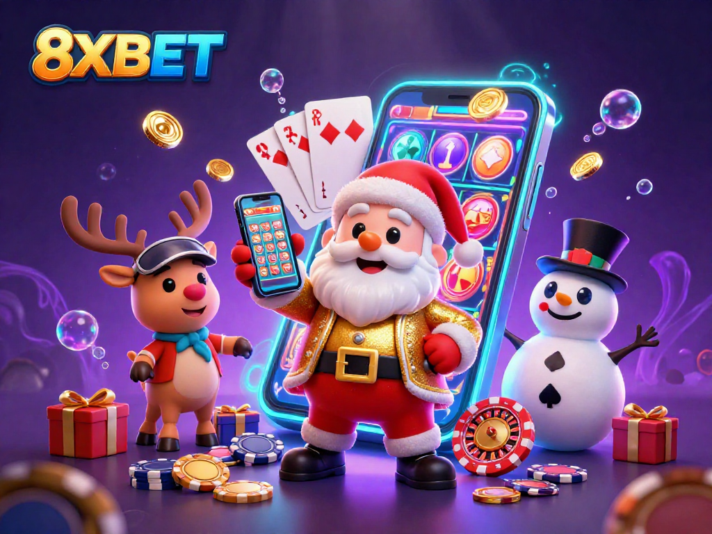 Engage in thrilling gameplay with 8XBET featuring Santa and his friends in a vibrant casino scene.