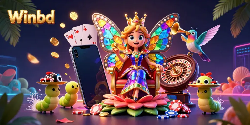 Experience the thrill of Winbd with a vibrant 3D casino scene featuring a butterfly queen surrounded by gaming elements.