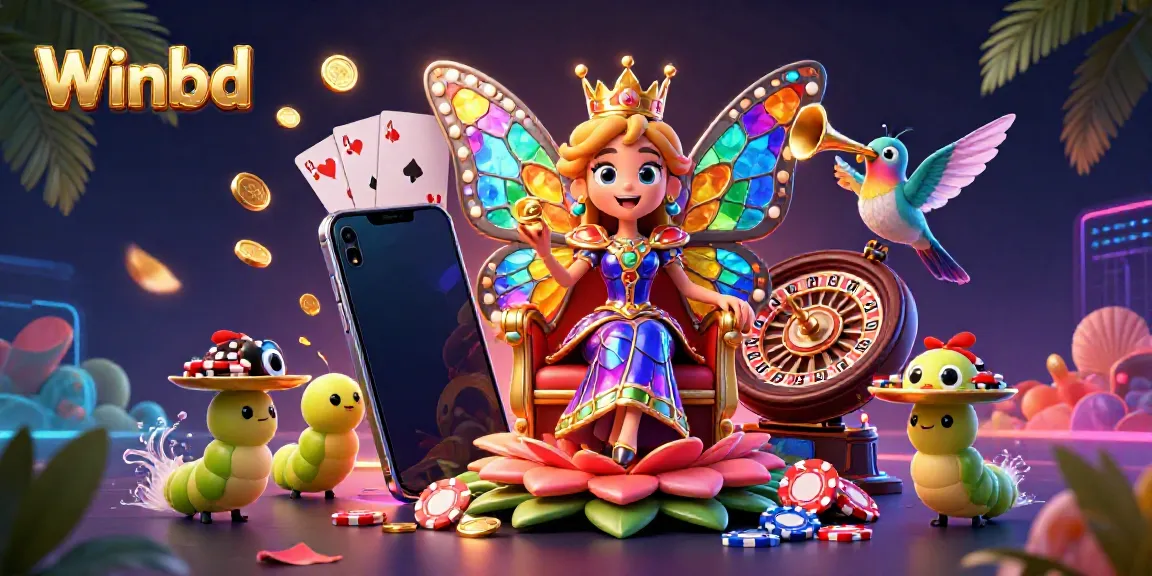 Experience the thrill of Winbd with a vibrant 3D casino scene featuring a butterfly queen surrounded by gaming elements.