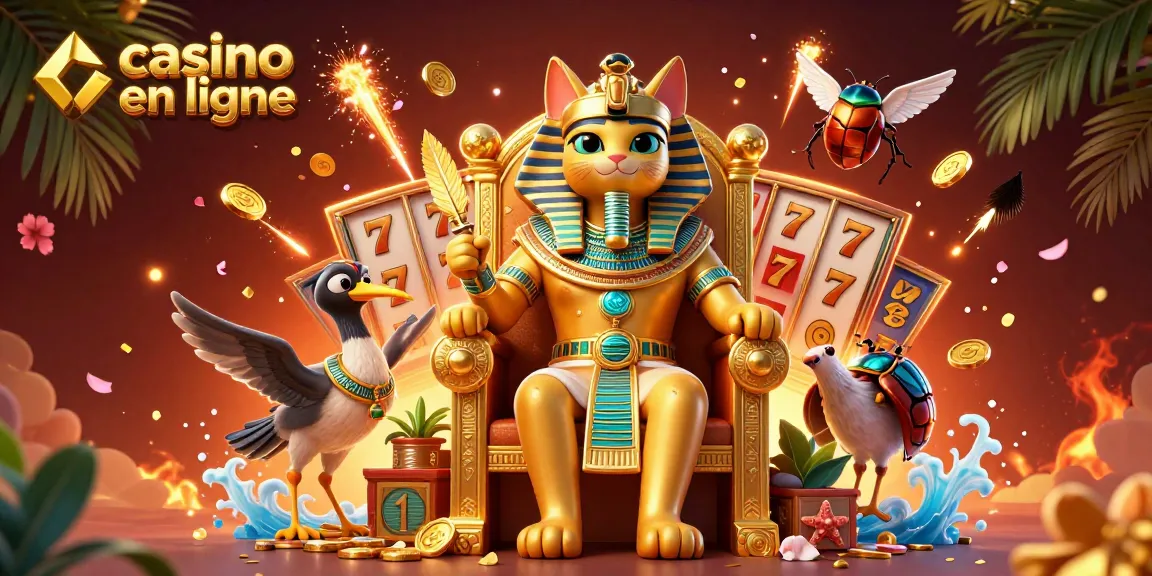 Illustration dynamique d'un casino en ligne avec un chat pharaon et des éléments de jeu.