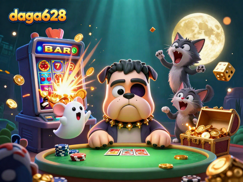 daga628 showcases unique characters celebrating winning moments at a lively casino table, enhancing your gaming experience