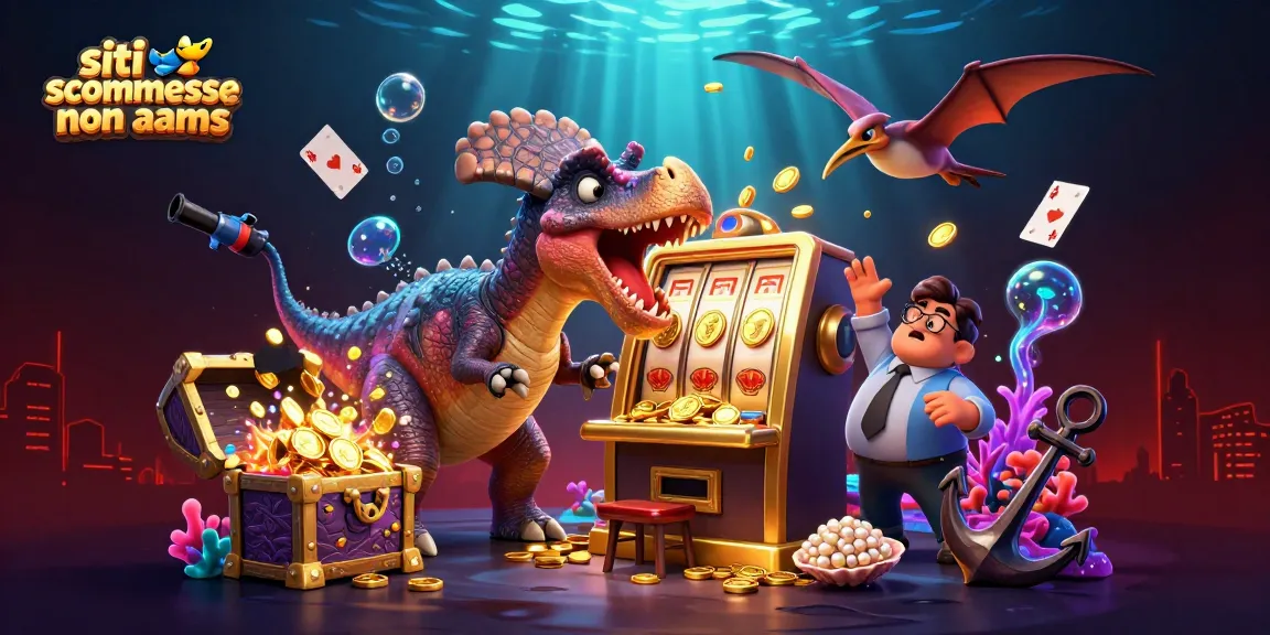 Siti scommesse non AAMS: pachycephalosaurus che colpisce una slot machine d'oro mentre un ankylosaurus gestore agita la sua coda