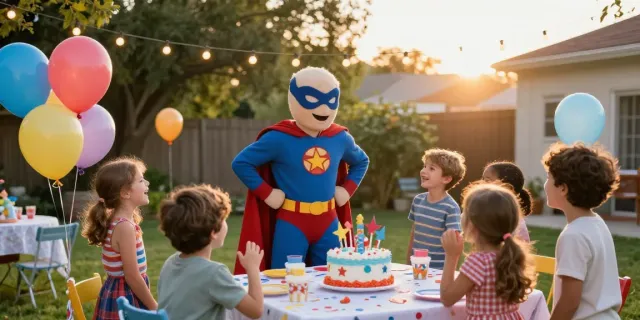 Character rentals at a vibrant birthday party with kids enjoying a superhero.