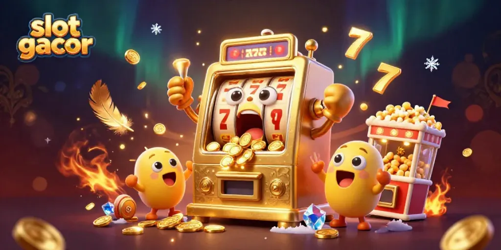 Celebrate the excitement of slot gacor as a cheerful golden slot machine hits a big jackpot amidst flying coins and vibrant atmosphere.