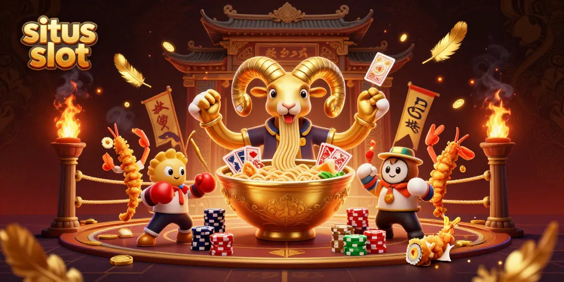 Engage in excitement at situs slot with a giant ramen bowl character, dynamic casino scene, colorful elements, and gaming action.