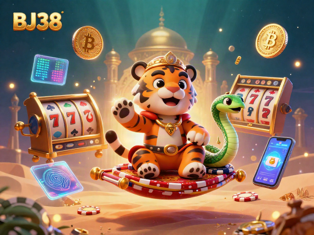 Experience thrilling gaming action at BJ38 with a vibrant scene of a tiger sultan and genie surrounded by exciting casino elements.