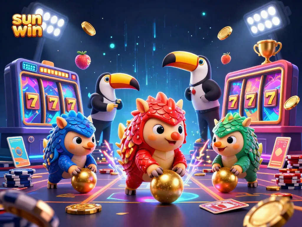 Join the fun at sun win with rival pangolins rolling dice through stacks of chips in a thrilling casino atmosphere.