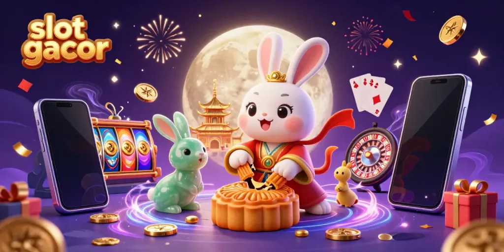 Experience slot gacor action with a lunar-themed 3D illustration featuring animated characters and vibrant casino elements.