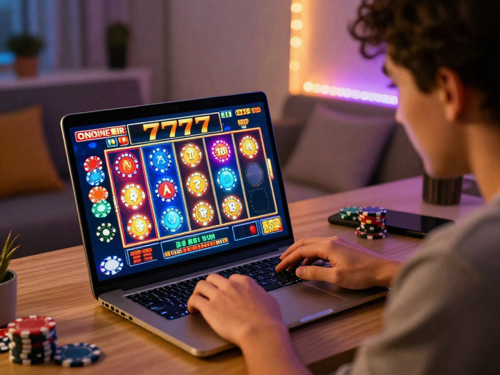 Engaged player enjoying slot777 online gaming experience in modern home office.