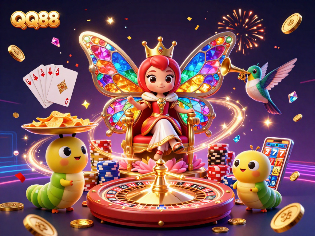 Spin the wheel and win with QQ88, a vibrant casino illustration featuring exciting elements of gaming.