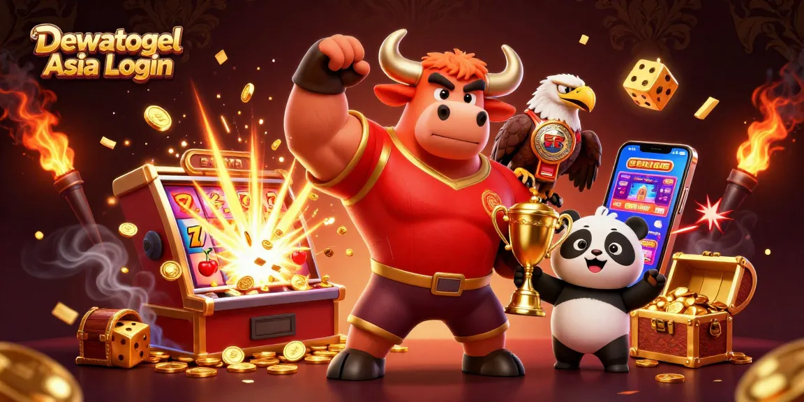 Dewatogel Asia Login displays exciting gaming action with slot machines, trophies, and charismatic mascots.