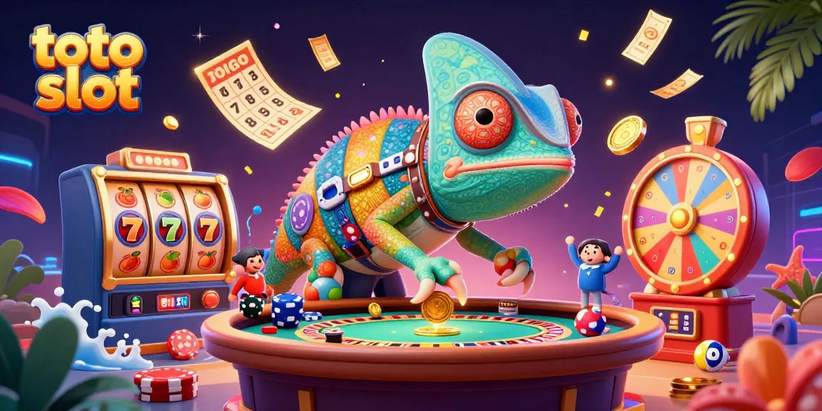 Play the thrilling toto slot with vibrant chameleon character collecting coins and dynamic game elements.