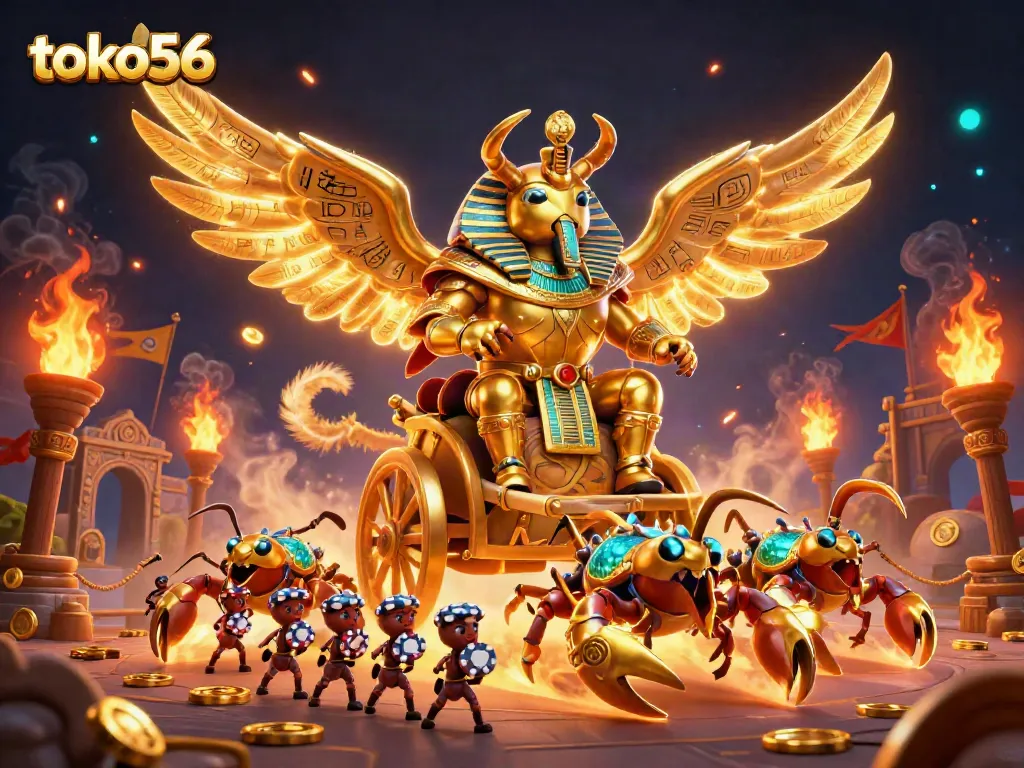 Rasakan keseruan toko56 dengan scarab emas yang menarik perhatian, chips poker terbang dan koin berkilau.