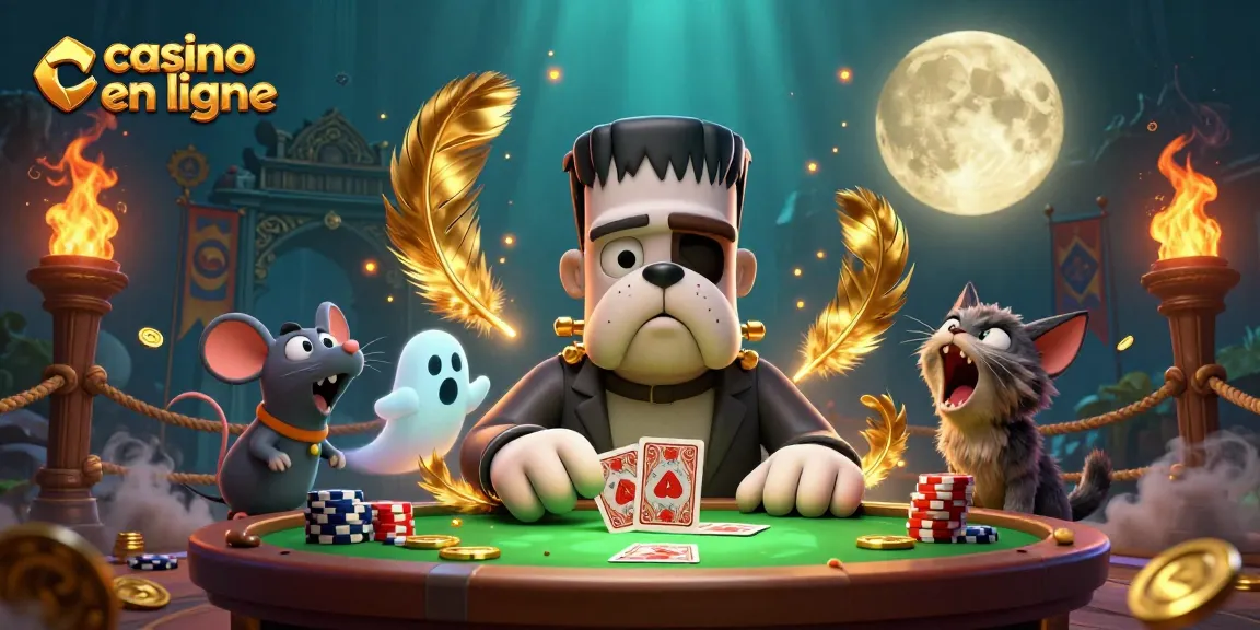 Le bulldog Frankenstein et le chat-garou jouent aux cartes au casino en ligne avec des pièces d'or flottantes.