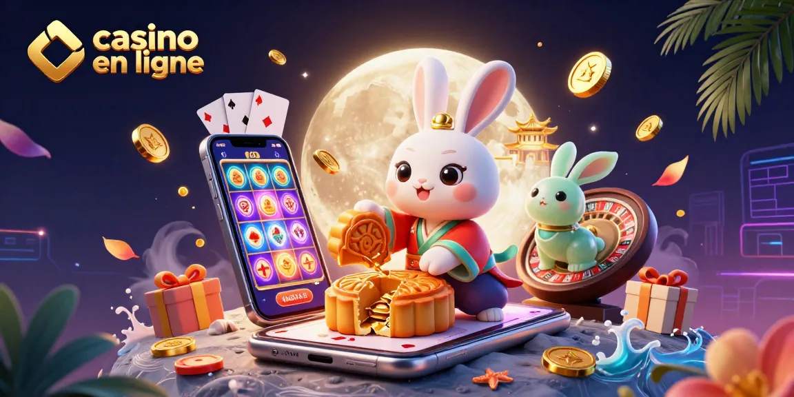 Illustration dynamique sur le thème du casino en ligne, représentant un lapin de lune et des jetons de poker.