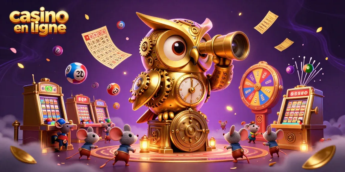 Plongez dans l'univers du casino en ligne avec une scène dynamique animée par une chouette d'or et des jeux captivants.