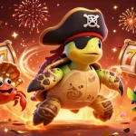 Experience thrilling adventures at 123B with a pirate turtle and friends amidst exciting slot machines.