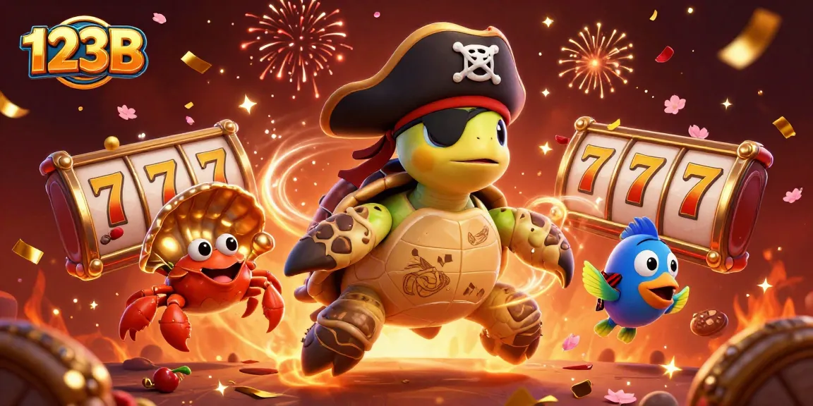 Experience thrilling adventures at 123B with a pirate turtle and friends amidst exciting slot machines.