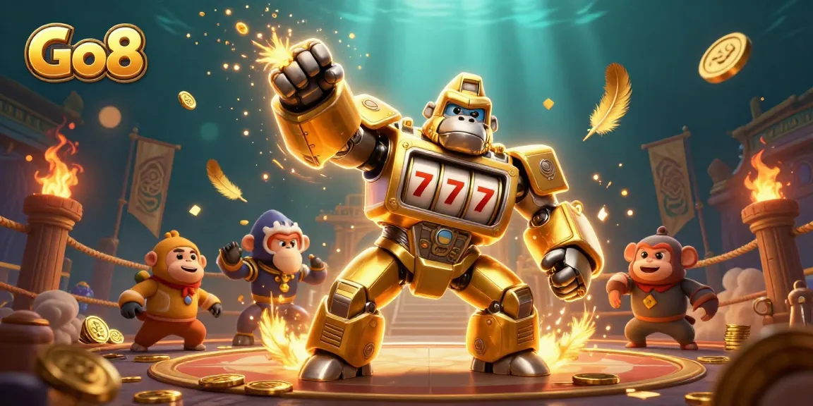 Go8 transforms gaming with a striking 3D illustration of a golden gorilla mech amid vibrant casino elements.