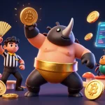 Casino en ligne : un escargot sumo frappe des pièces d'or avec un arbitre cricket sur fond éclatant.