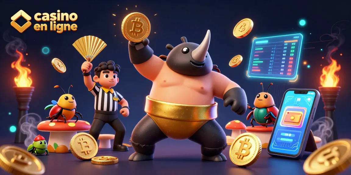 Casino en ligne : un escargot sumo frappe des pièces d'or avec un arbitre cricket sur fond éclatant.