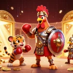 Engaging 3D illustration of a rooster gladiator and tiger cub sparring, showcasing vibrant casino elements, berita bola theme.