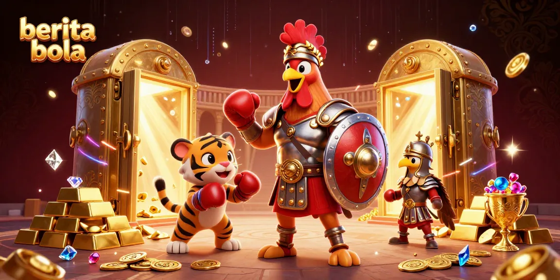Engaging 3D illustration of a rooster gladiator and tiger cub sparring, showcasing vibrant casino elements, berita bola theme.