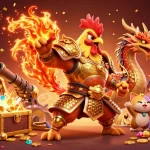 Engage with vibrant games at myhm88 featuring a rooster warrior and dragon in a rich casino scene.