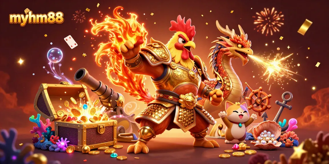 Engage with vibrant games at myhm88 featuring a rooster warrior and dragon in a rich casino scene.