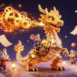 Giocando nei casino non AAMS, un drago dorato rilascia ingranaggi e palle della lotteria volanti.