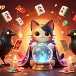 Engage in sbobet wap betting with a vibrant illustration of a mystic cat and a tarot raven.
