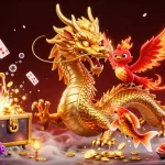 Jouez au casino en ligne avec une illustration dynamique mettant en scène un dragon doré et un phoenix.