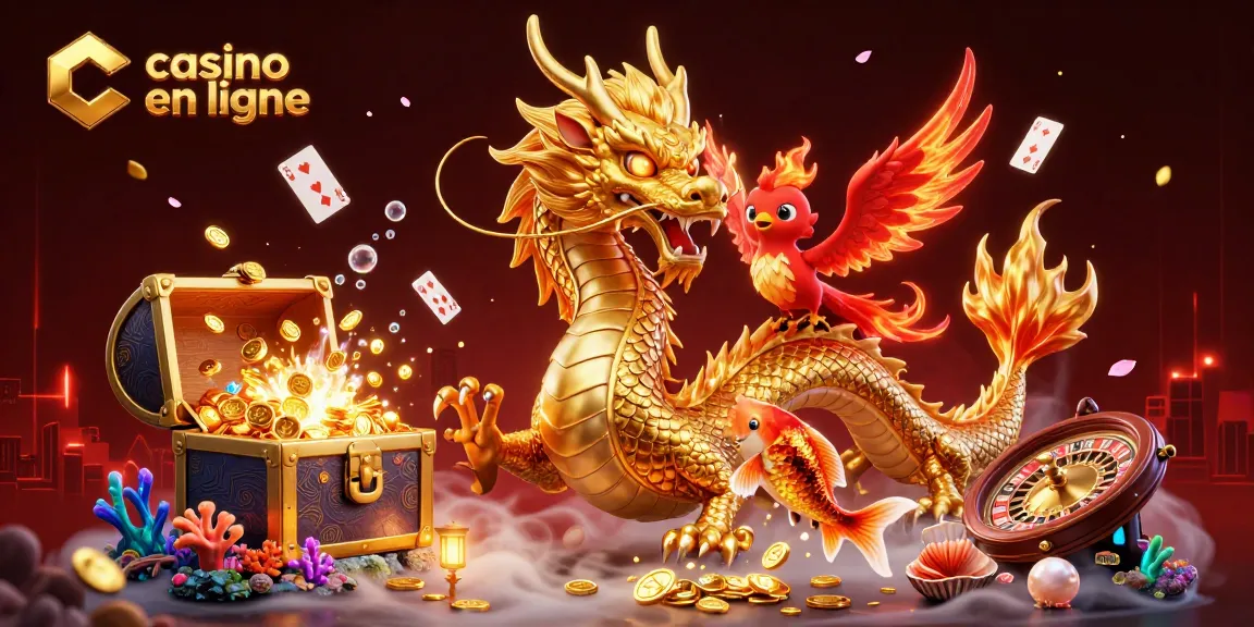 Jouez au casino en ligne avec une illustration dynamique mettant en scène un dragon doré et un phoenix.