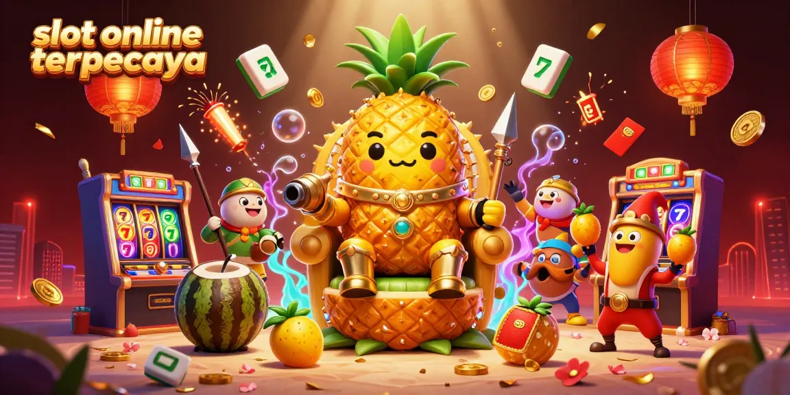 Experience the thrill of slot online terpercaya with a vibrant 3D casino adventure featuring a lucky pineapple king and exciting game elements.