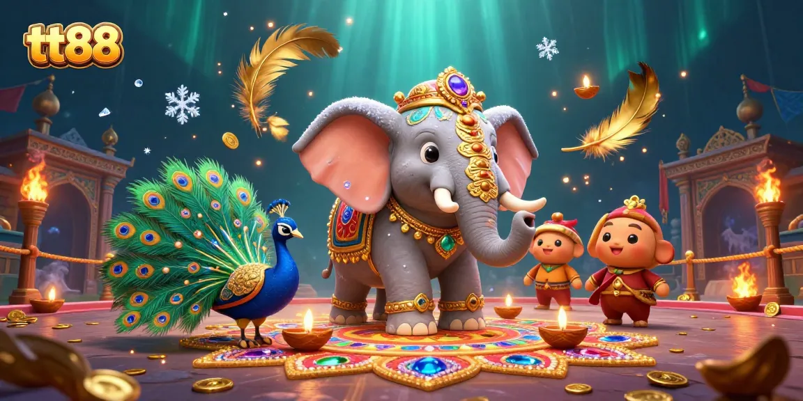 Experience winning gameplay with tt88's vibrant elephant mascot amidst casino excitement and glowing gems.