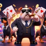 Un casino en ligne animé avec un bulldog mafieux entouré de dobermans, gain de jackpots et jeux de cartes.