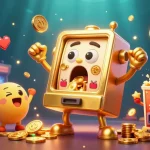 Jouer au casino en ligne avec une machine à sous dorée célébrant son jackpot, entourée de jeux animés.